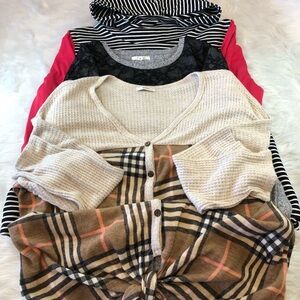 Long Sleeve Tops - Striped, Pink, Cream, Plaid- Set of 3 Shirts
